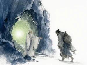 Secluded ancient grotto shrine carved into living mountain stone sheltering fragile green moss and ferns in deep cavernous ink contrasts with soft light, illustrating the Tao as the protective sanctuary of all creation and treasure of the virtuous on ChiDestiny