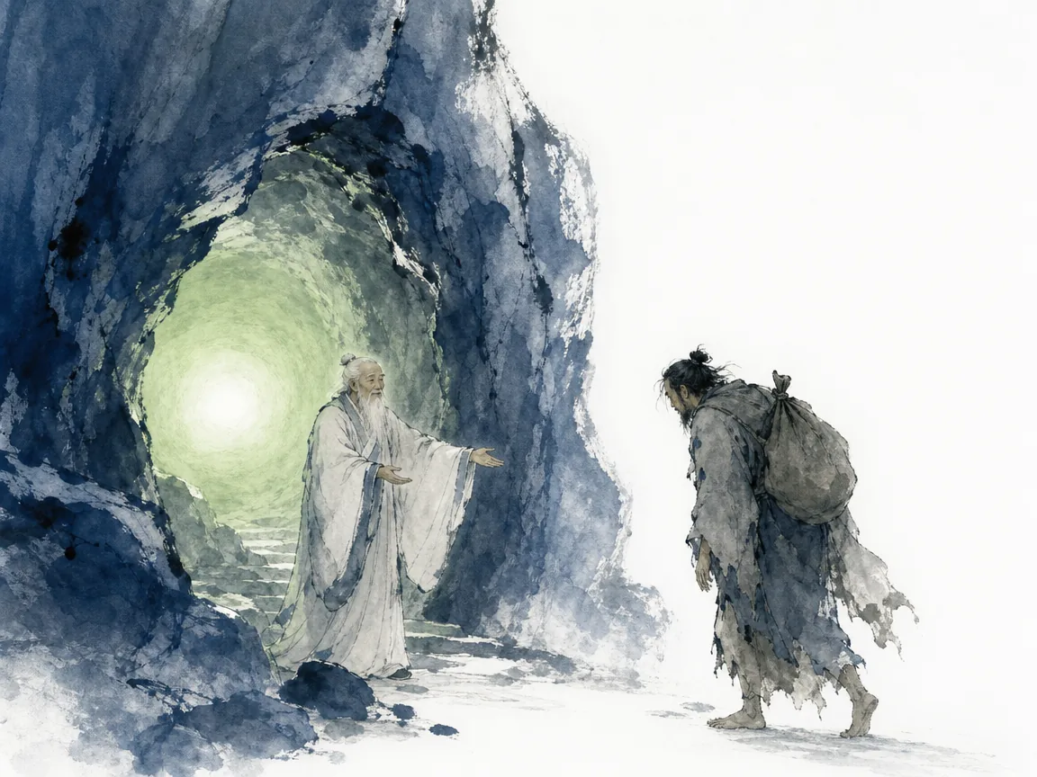 Secluded ancient grotto shrine carved into living mountain stone sheltering fragile green moss and ferns in deep cavernous ink contrasts with soft light, illustrating the Tao as the protective sanctuary of all creation and treasure of the virtuous on ChiDestiny