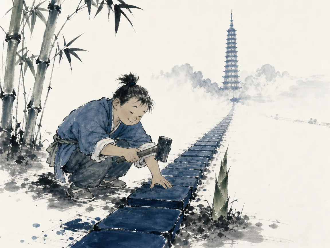 Scholar sipping plain boiled mountain spring water from unglazed earthenware cup with serene smile in pure minimalist literati wash, illustrating anticipating the difficult while it is still easy and savoring the flavorless on ChiDestiny