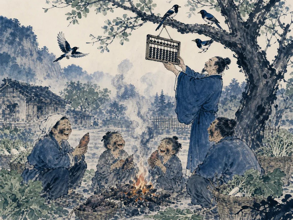 Elderly mountain herbalist walking along forest trail sharing wild berries with neighborhood children in poetic classical Chinese ink painting, illustrating the subtle depth of profound virtue that fosters unpretentious simplicity on ChiDestiny