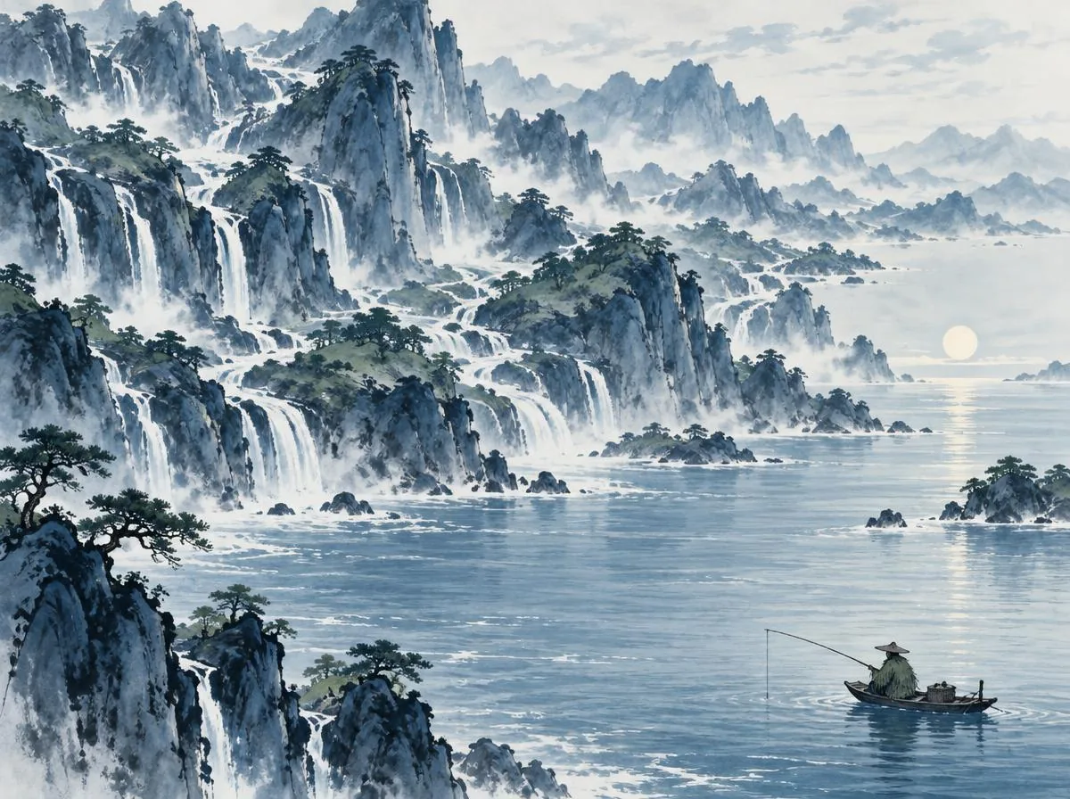 Vast ocean bay welcoming roaring mountain torrents by resting quietly at the lowest level in majestic coastal ink wash landscape, illustrating how rivers and seas become masters of valleys by staying below on ChiDestiny
