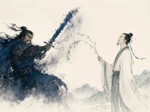 Martial artist standing poised in gentle flowing defense like water around a rushing current in fluid dynamic ink brush strokes balancing force and grace, illustrating the supreme commander who wins without bluster and never loses temper on ChiDestiny