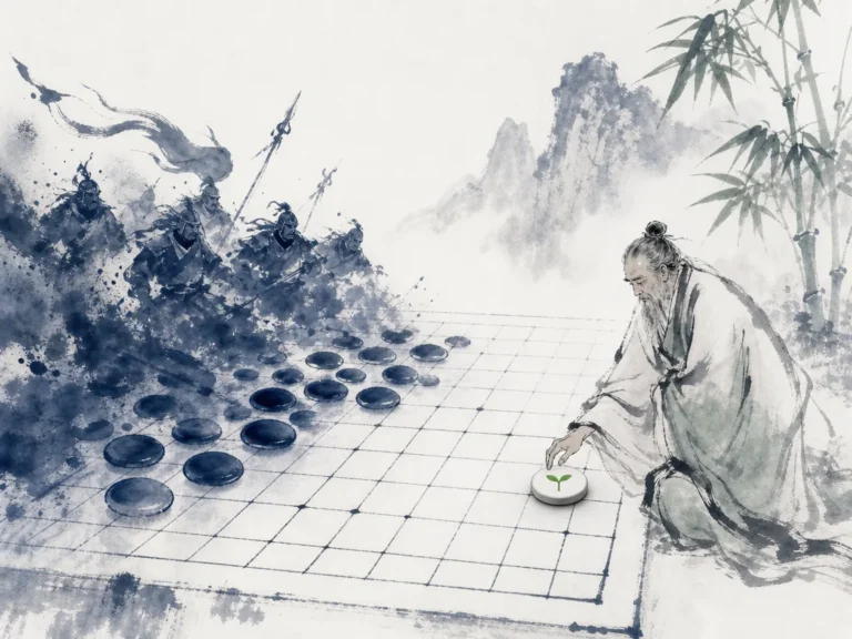 Strategist seated calmly beside bamboo screen waiting for enemy provocation to dissipate like fog in quiet atmospheric ink study with subtle tension, illustrating preferring to host rather than guest, advancing without stepping forward on ChiDestiny