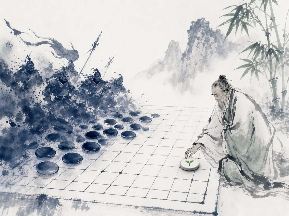 Strategist seated calmly beside bamboo screen waiting for enemy provocation to dissipate like fog in quiet atmospheric ink study with subtle tension, illustrating preferring to host rather than guest, advancing without stepping forward on ChiDestiny
