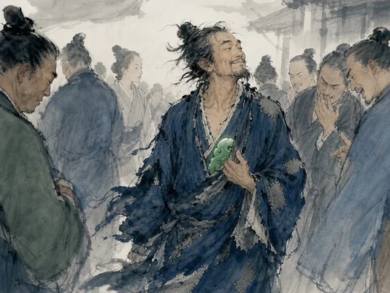 Plain coarse linen robe opening slightly to reveal radiant uncut jade beneath in understated literati painting with hidden luminous details, illustrating words that are easy to understand yet difficult for worldly pride to practice on ChiDestiny
