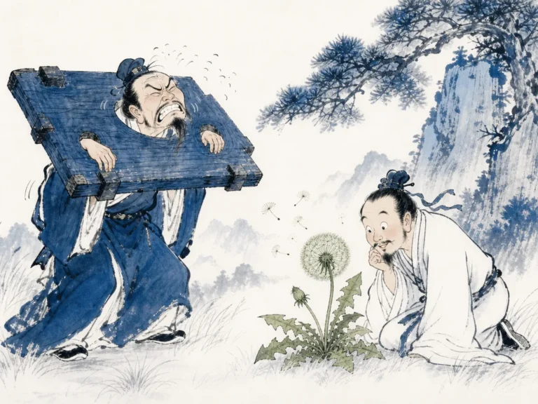 Philosopher bowing respectfully before an ancient unmapped mountain cave entrance in introspective monochrome ink brushwork, illustrating knowing that we do not know is supreme wisdom; pretending to know is affliction on ChiDestiny