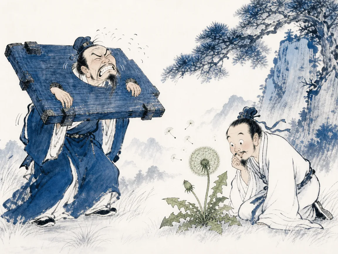 Philosopher bowing respectfully before an ancient unmapped mountain cave entrance in introspective monochrome ink brushwork, illustrating knowing that we do not know is supreme wisdom; pretending to know is affliction on ChiDestiny
