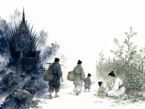 Open village square where citizens converse freely without armed sentries or imposing walls in spacious harmonious Chinese ink landscape, illustrating respecting people's natural space and avoiding claustrophobic surveillance on ChiDestiny