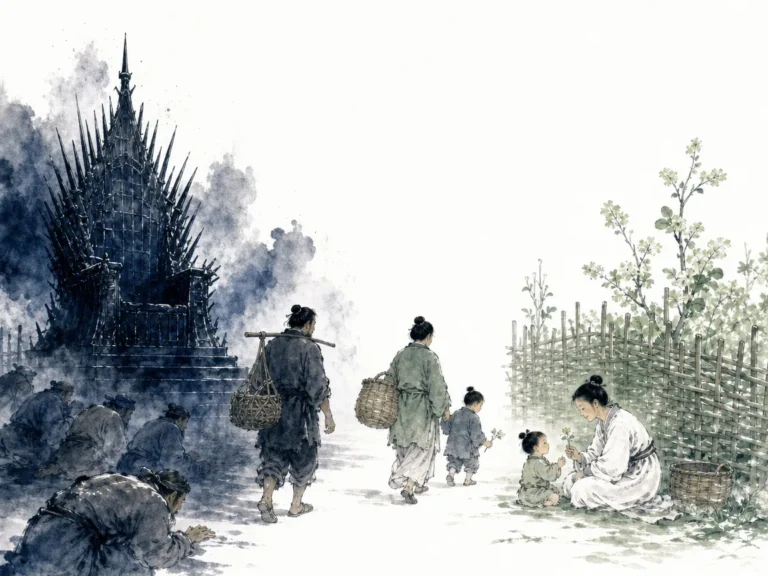 Open village square where citizens converse freely without armed sentries or imposing walls in spacious harmonious Chinese ink landscape, illustrating respecting people's natural space and avoiding claustrophobic surveillance on ChiDestiny