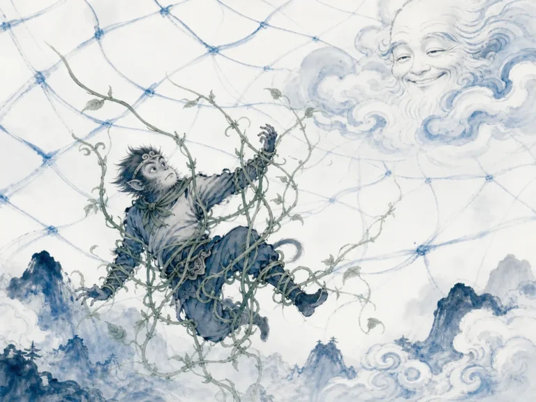 Delicate spider's web glistening with morning dew spanning wide gap between ancient stone pillars in fine calligraphic line work over soft misty wash, illustrating heaven's net being vast with wide meshes yet allowing nothing to slip through on ChiDestiny