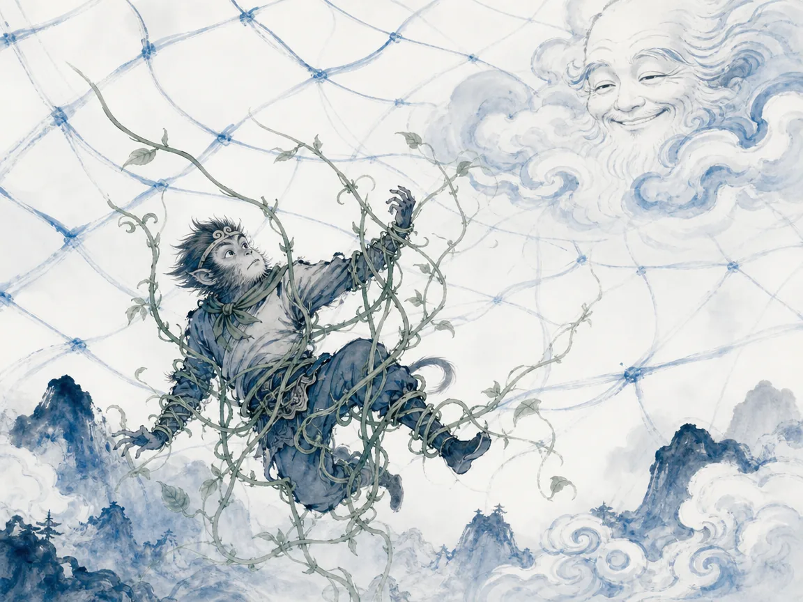 Delicate spider's web glistening with morning dew spanning wide gap between ancient stone pillars in fine calligraphic line work over soft misty wash, illustrating heaven's net being vast with wide meshes yet allowing nothing to slip through on ChiDestiny