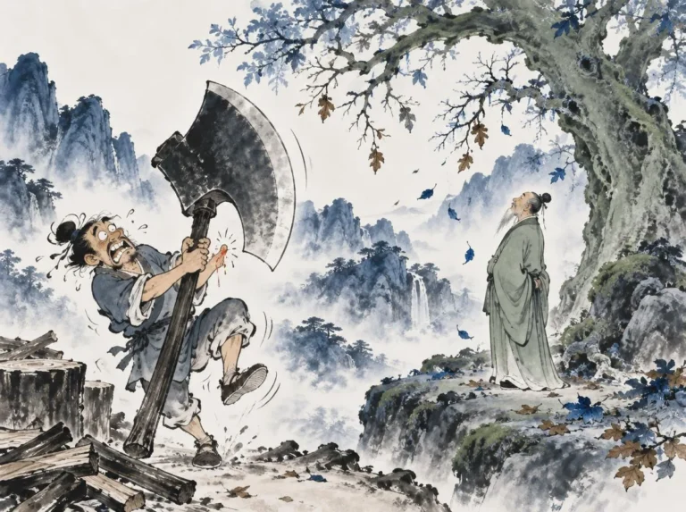 Master carpenter guiding an apprentice's hands away from sharp axe blade toward safe technique in thoughtful workshop scene in traditional ink wash, illustrating avoiding taking the master carpenter's axe to avoid cutting one's own hand on ChiDestiny