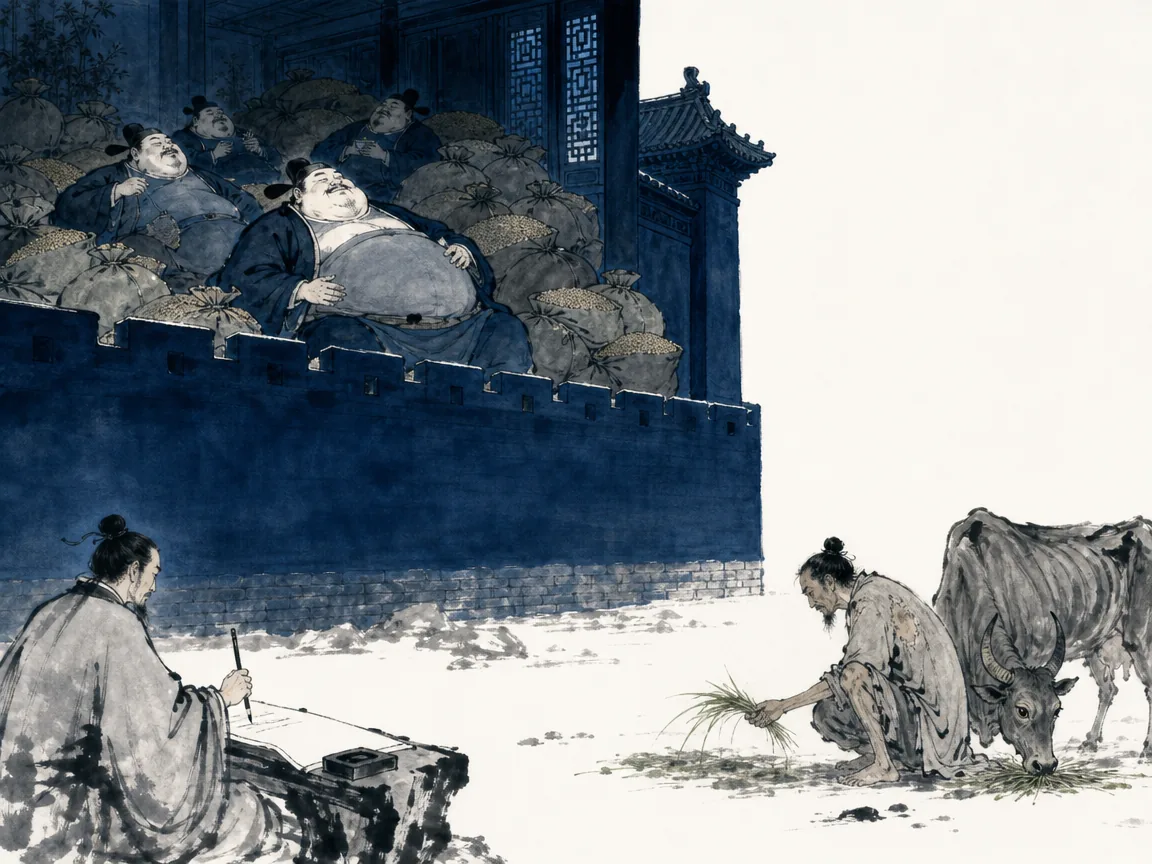 Barren hillside terrace where dry soil awaits rain while distant tax barges weigh down the river in somber rustic ink wash with stark contrast, illustrating people suffering because rulers consume too much; valuing life over hoarding on ChiDestiny