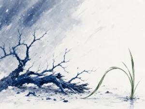 Flexible green willow branch swaying freely in gale while brittle dead wood snaps on the ground in expressive wind-swept Chinese brush painting, illustrating living beings are soft and supple; the dead are stiff and brittle on ChiDestiny