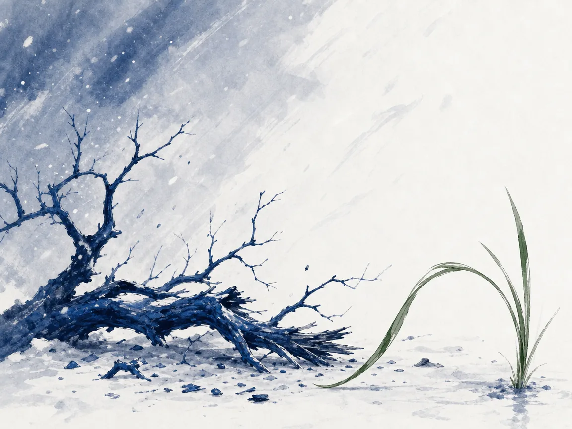 Flexible green willow branch swaying freely in gale while brittle dead wood snaps on the ground in expressive wind-swept Chinese brush painting, illustrating living beings are soft and supple; the dead are stiff and brittle on ChiDestiny