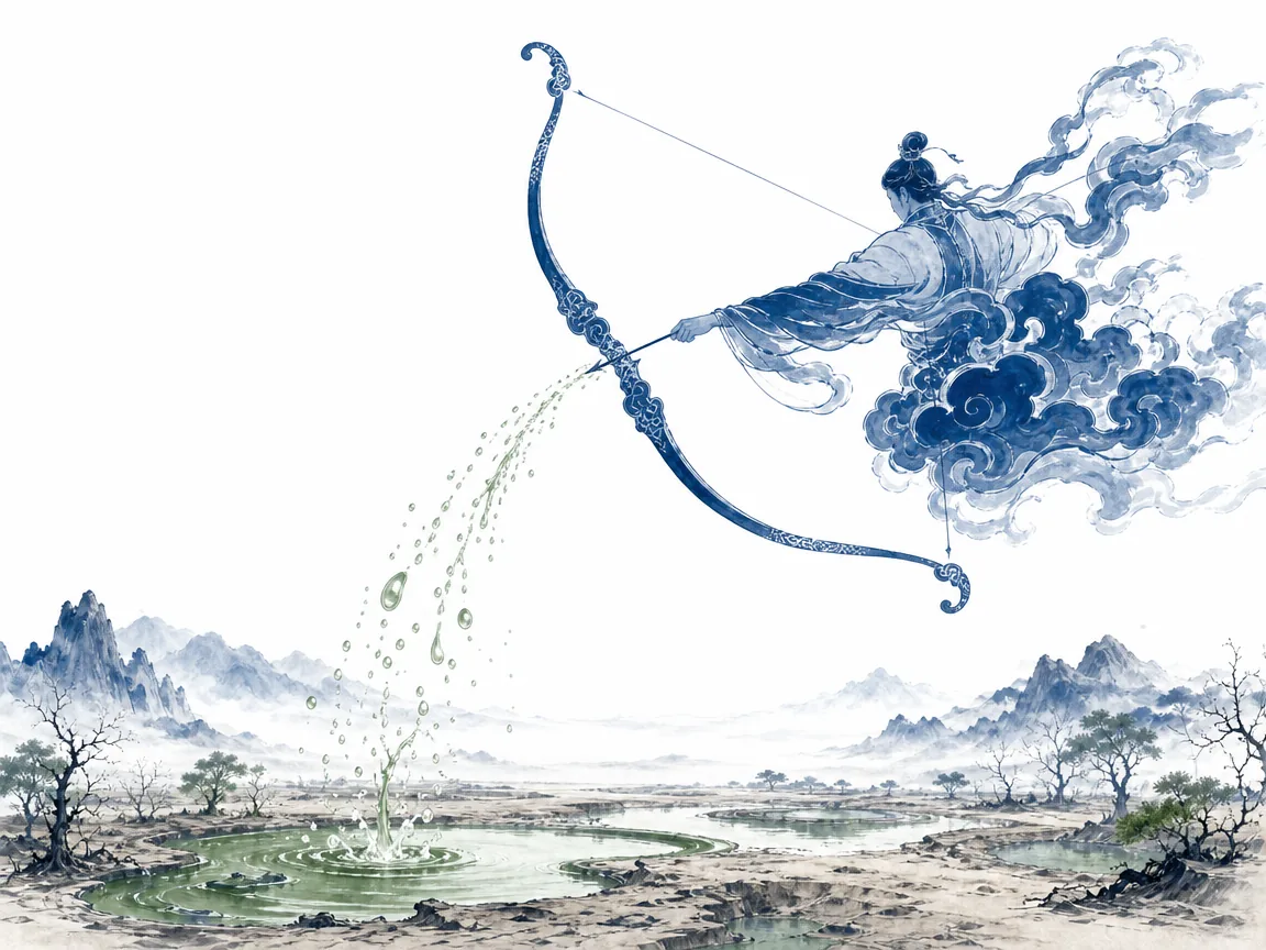 Archer gently drawing a bamboo recurve bow, bringing the high end down and the low end up in graceful curved ink lines with focused balance, illustrating the Way of Heaven bending the bow to reduce excess and replenish deficiency on ChiDestiny