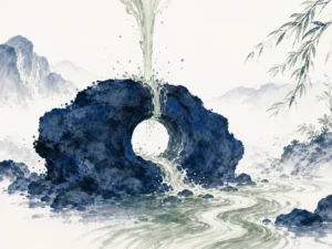 Gentle river waves steadily wearing smooth a huge jagged boulder on the rocky shoreline in masterful dynamic water and rock ink painting, illustrating nothing is softer than water, yet nothing overcomes the hard and rigid better on ChiDestiny