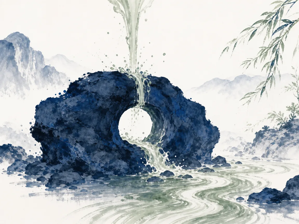 Gentle river waves steadily wearing smooth a huge jagged boulder on the rocky shoreline in masterful dynamic water and rock ink painting, illustrating nothing is softer than water, yet nothing overcomes the hard and rigid better on ChiDestiny