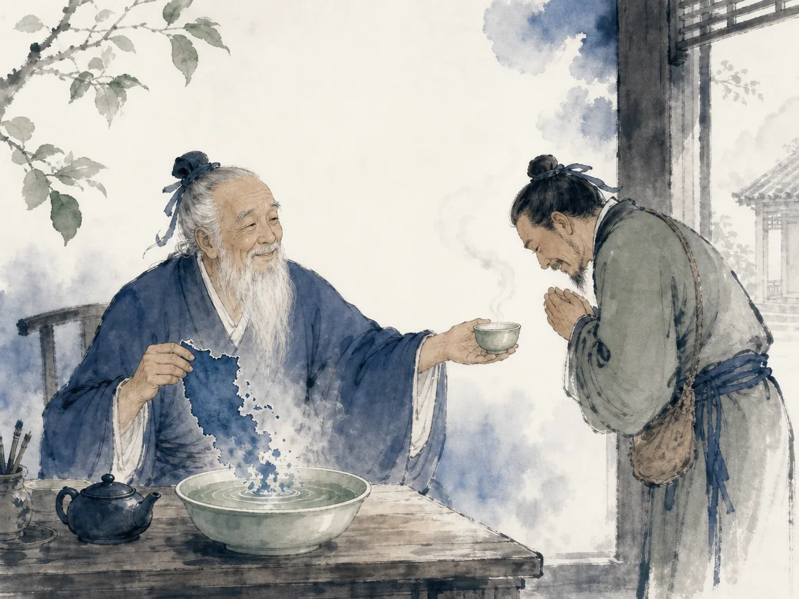 Two elders exchanging simple split tally bamboo stick over cup of tea beside mountain stream in warm tranquil literati narrative ink art, illustrating holding the left tally without demanding debt, reconciling conflicts cleanly on ChiDestiny