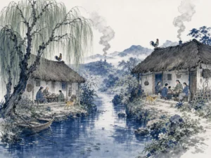 Peaceful mountain hamlet with thatched cottages, crowing roosters, and villagers tying knotted cords in sun in idyllic pastoral Chinese landscape in soft ink wash, illustrating the ideal small community living contentedly with sweet food and simple clothes on ChiDestiny