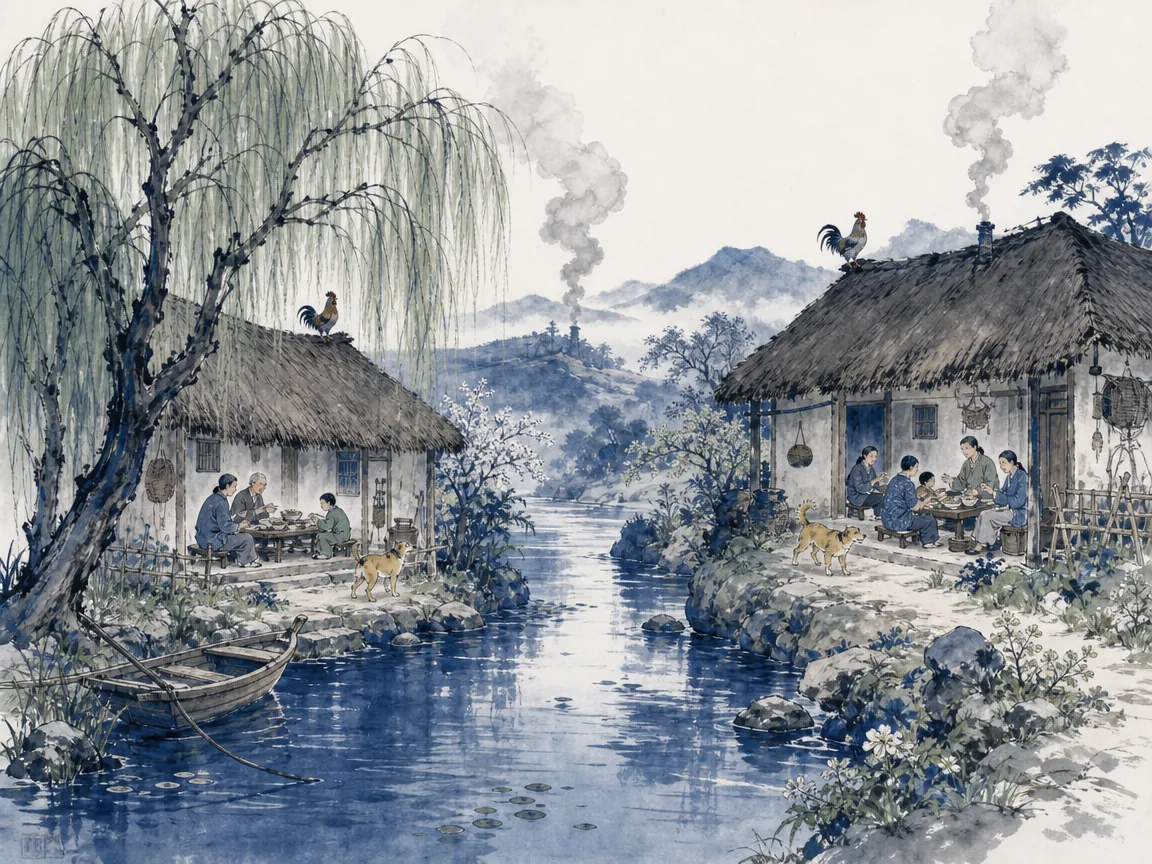 Peaceful mountain hamlet with thatched cottages, crowing roosters, and villagers tying knotted cords in sun in idyllic pastoral Chinese landscape in soft ink wash, illustrating the ideal small community living contentedly with sweet food and simple clothes on ChiDestiny
