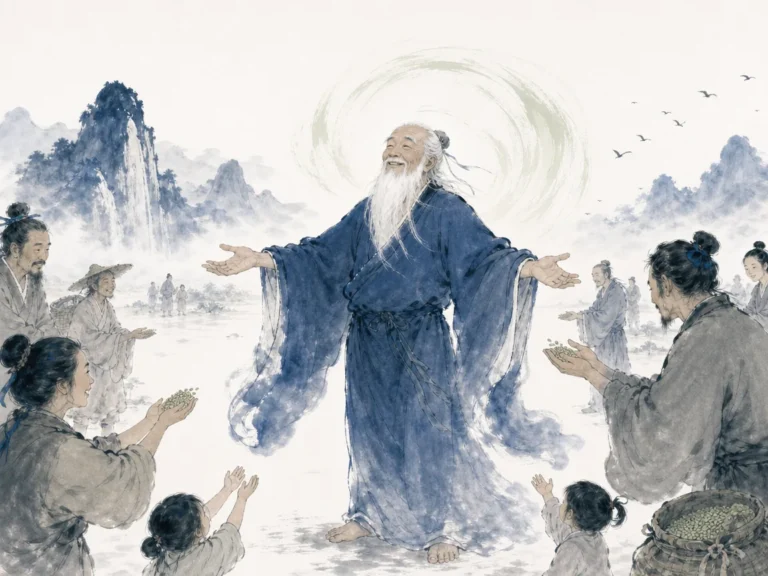 Unadorned wooden desk with honest calligraphy brush, simple lamp, and open door welcoming mountain wind in austere yet deeply serene Chinese literati wash, illustrating sincere words are not fine-sounding; true goodness does not hoard on ChiDestiny