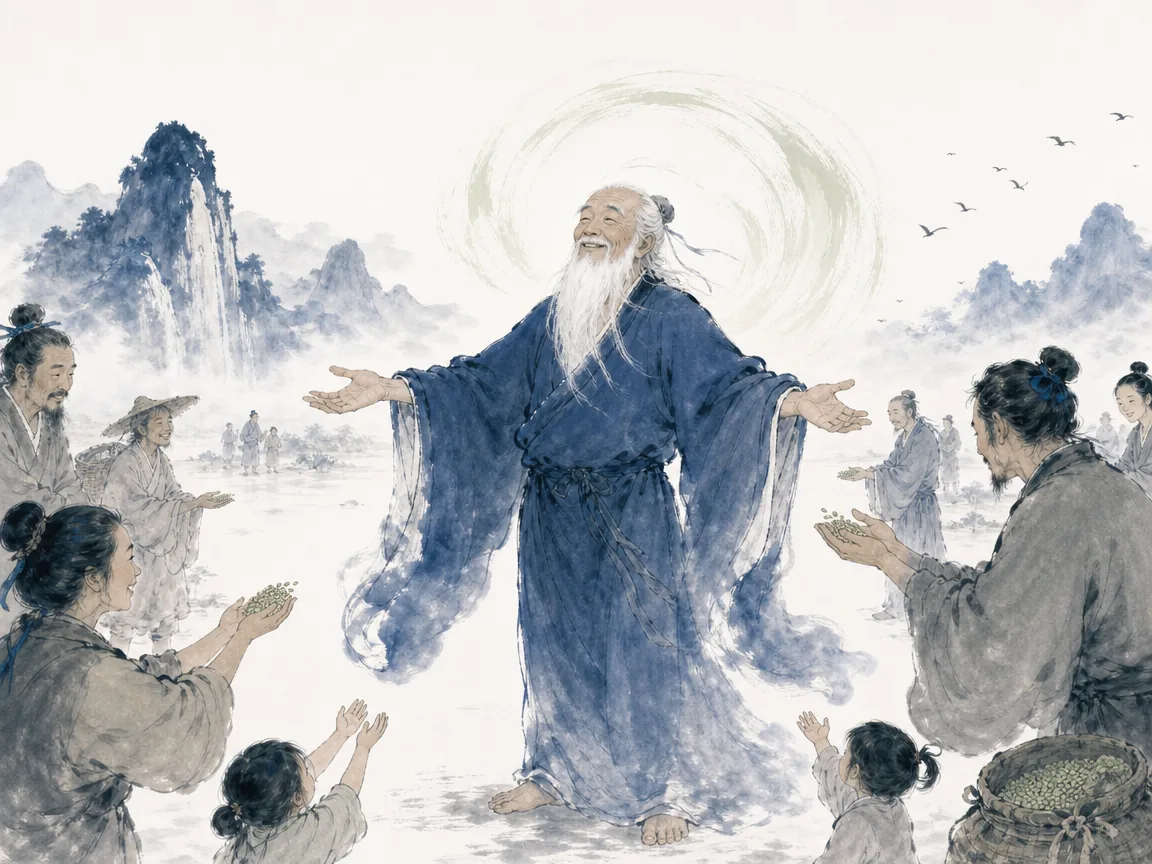 Unadorned wooden desk with honest calligraphy brush, simple lamp, and open door welcoming mountain wind in austere yet deeply serene Chinese literati wash, illustrating sincere words are not fine-sounding; true goodness does not hoard on ChiDestiny