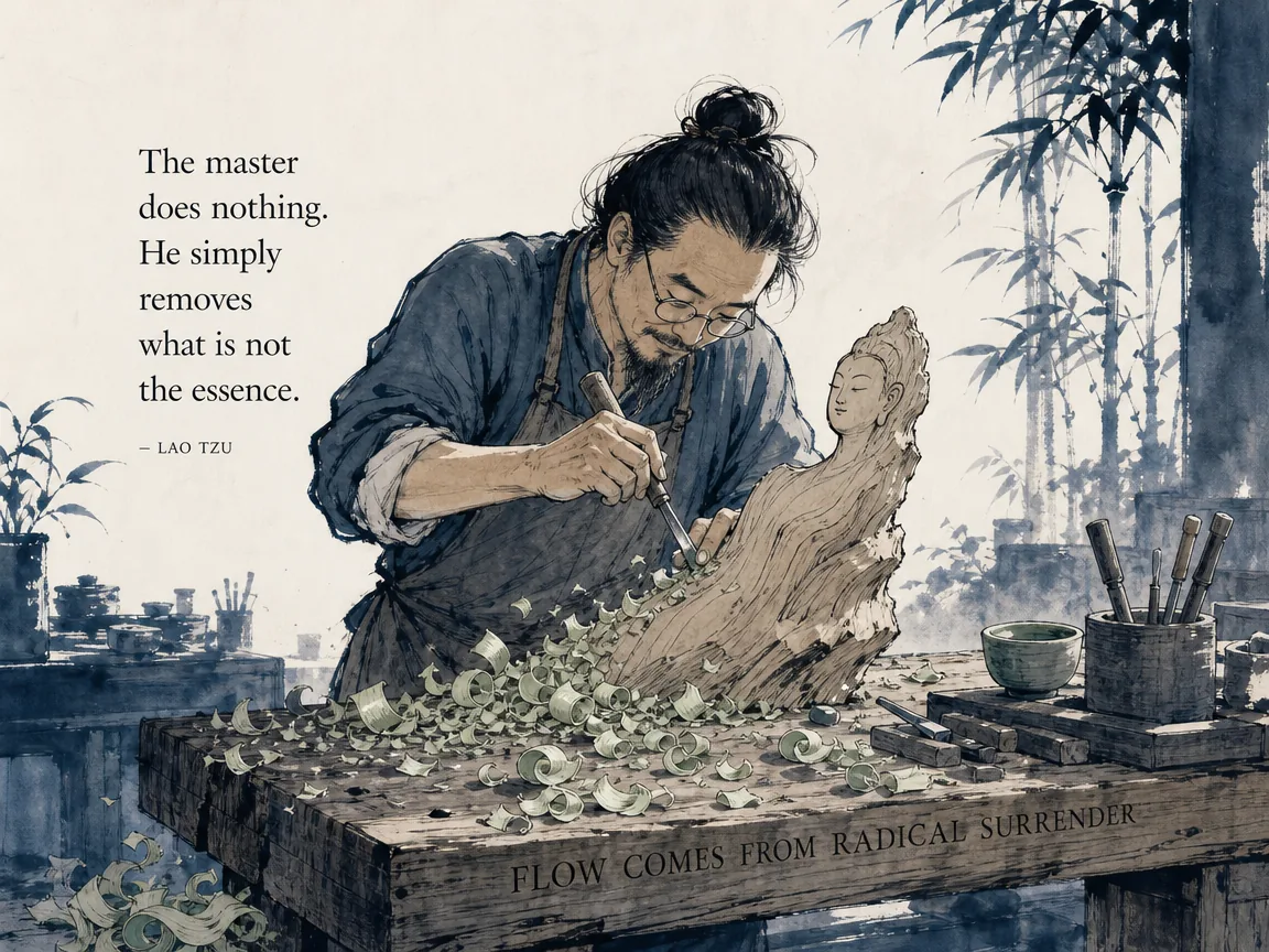 Dedicated craftsperson leaning over a wooden workbench with total gentle presence, chipping wood shavings away until the inherent soul of the sculpture emerges effortlessly in Prussian blue workshop shadows, calming sage green wood shavings, and spacious breathing room, illustrating flow through radical surrender, showing that supreme creative focus emerges when forced ego ambition is relinquished on ChiDestiny