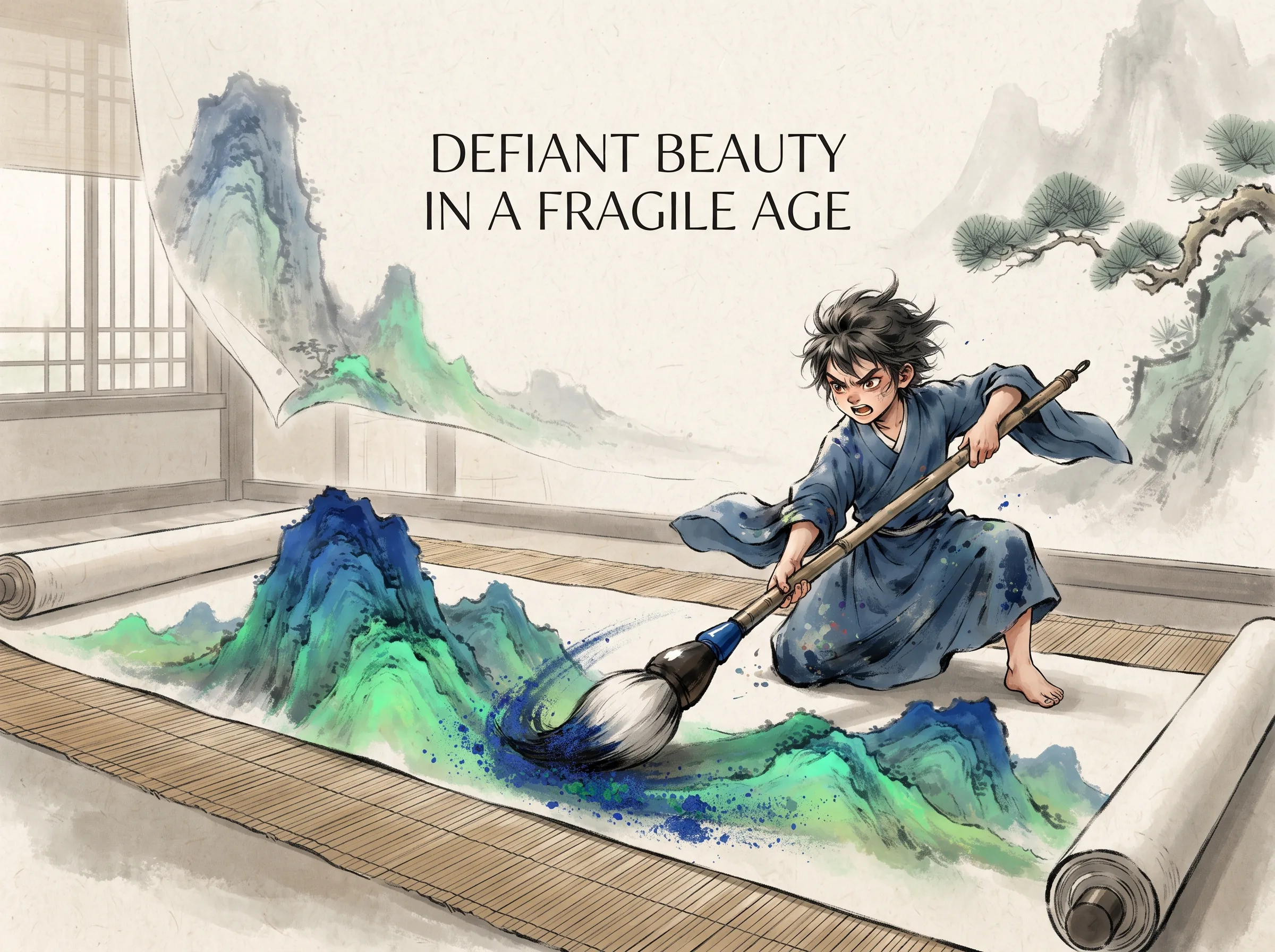 an inspired youthful Song Dynasty prodigy artist kneeling on a long bamboo mat before an immense unrolled horizontal silk roll, vigorously sweeping intense mineral azurite and malachite pigments across towering peaks with eyes ablaze with passion, deep Prussian blue mountain peaks in contemporary literati Chinese ink wash in deep Prussian blue and sage green with ample Xuan paper negative space, illustrating defiant beauty in a fragile age, embodying 北宋危亡边境风雨飘摇之际，十八岁天才少年王希孟却在宣纸上铺陈出气吞山河、璀璨辉煌的千里江山图，以极致之美对抗王朝脆弱 on ChiDestiny