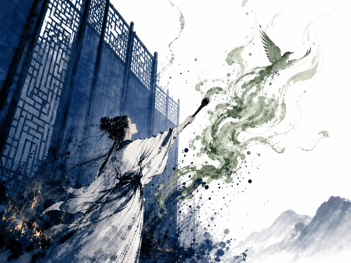 Courageous female poet brushing fiery calligraphy across a white room before towering lattice screens as a free bird flies toward sky in fierce graceful ink composition featuring bold cursive strokes transforming into a flying songbird, illustrating the courage of Tang female poets defying restrictive societal boundaries through burning art on ChiDestiny