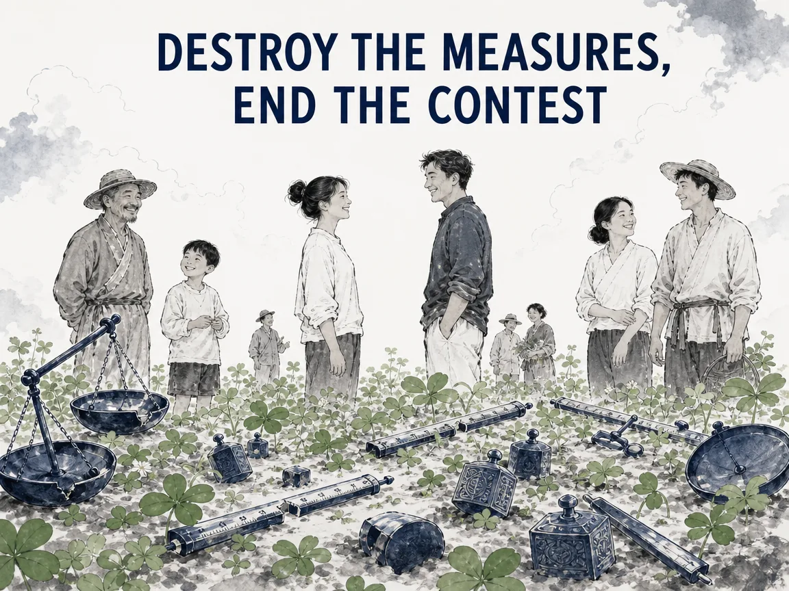 broken scales, split measurement rods, and ornate ornamental seals scattered harmlessly on fertile earth in contemporary literati Chinese ink cartoon style with Prussian blue ink wash, sage green accents, and Xuan paper negative space, illustrating destroy the measures, end the contest, embodying 砸碎世间制造争端的天平权衡与尺度，解开结绳纪事之网，还民以抱朴守真、绝圣弃智的天下大治 on ChiDestiny