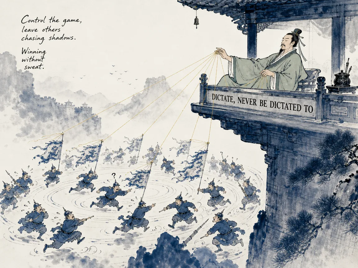 an unflappable strategist holding subtle golden threads manipulating decoy banners from a high pavilion, while clumsy enemy battalions run back and forth in frantic circles below chasing illusions, Prussian blue dominant ink washes in contemporary literati Chinese ink cartoon style with Prussian blue ink wash, sage green accents, and Xuan paper negative space, illustrating dictate, never be dictated to, embodying 战略家立于高台上如同优雅的木偶操线大师，轻轻引动诱饵红线，敌军兵马不由自主疲于奔命跟从摆布 on ChiDestiny