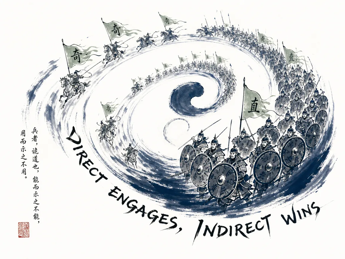 a dynamic spiral formation of soldiers moving like a flowing Taiji yin-yang diagram, direct shield-bearers holding the front while swift indirect outriders flank from behind in seamless harmony, deep Prussian blue ink ribbons in contemporary literati Chinese ink cartoon style with Prussian blue ink wash, sage green accents, and Xuan paper negative space, illustrating direct engages, indirect wins, embodying 阴阳双鱼般的兵阵回旋流转，正兵如盾正面吸引，奇兵若游龙侧翼疾出，无穷无尽周而复始 on ChiDestiny