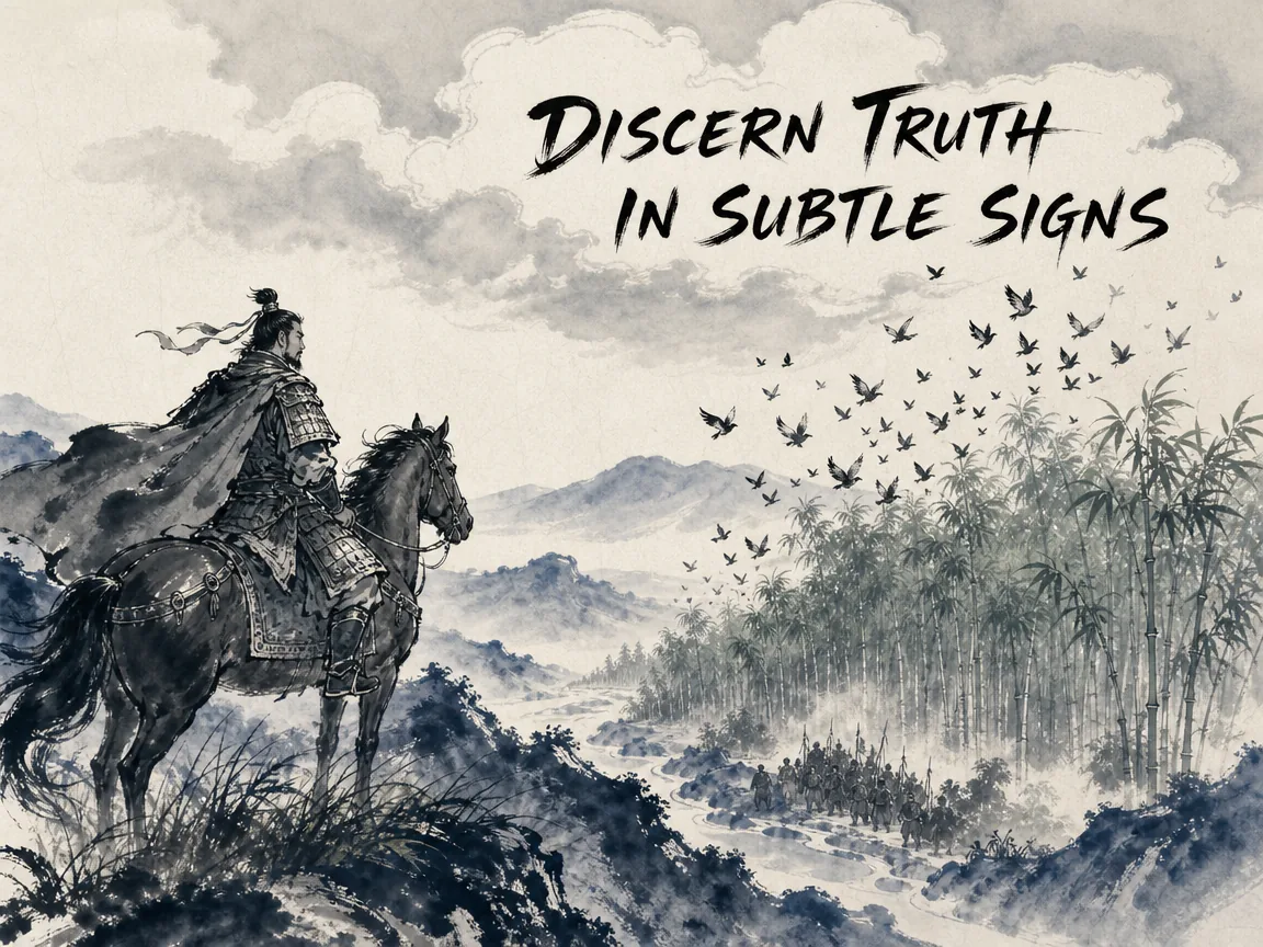 an eagle-eyed general pausing his horse at a ridgeline, noticing a sudden flock of startled birds fleeing a dense bamboo forest in the distance, instantly reading the telltale sign of an enemy ambush in contemporary literati Chinese ink cartoon style with Prussian blue ink wash, sage green accents, and Xuan paper negative space, illustrating discern truth in subtle signs, embodying 将领驻马远眺，茂林中数只水鸟骤然惊飞掠空，草丛微动，他嘴角浮现冷笑，瞬间洞悉前方密林中的伏兵机关 on ChiDestiny