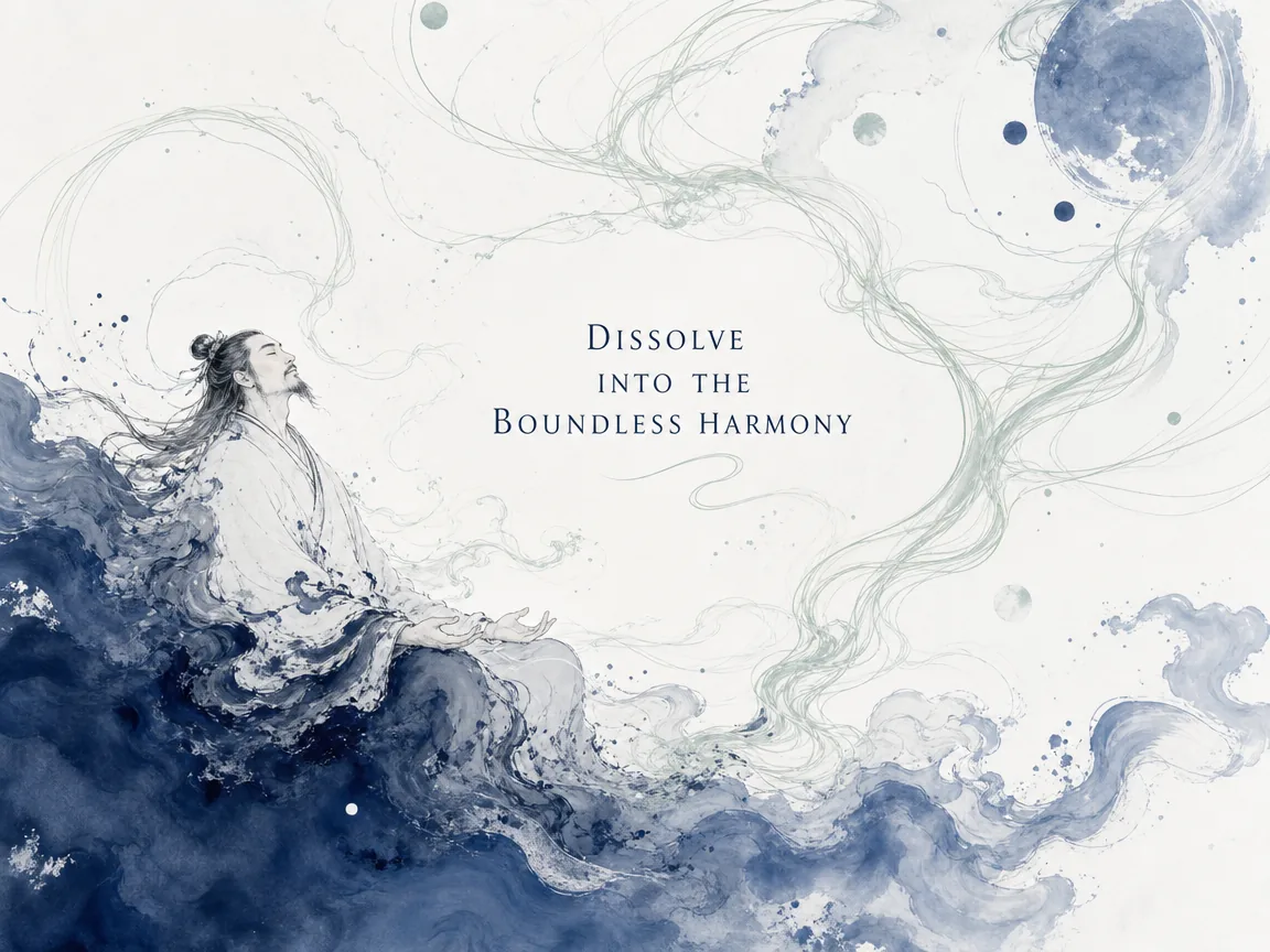 a meditating Daoist figure dissolving weightlessly into an infinite field of subtle ink resonance, shedding sensory limitations and physical identity, merging as one with the vast cosmic breath in contemporary literati Chinese ink cartoon style with Prussian blue ink wash, sage green accents, and Xuan paper negative space, illustrating dissolve into the boundless harmony, embodying 修道者堕形骸黜听视，化入漫漫虚空之中，与天地无何有之乡同一气象，展现堕体脱神至境 on ChiDestiny