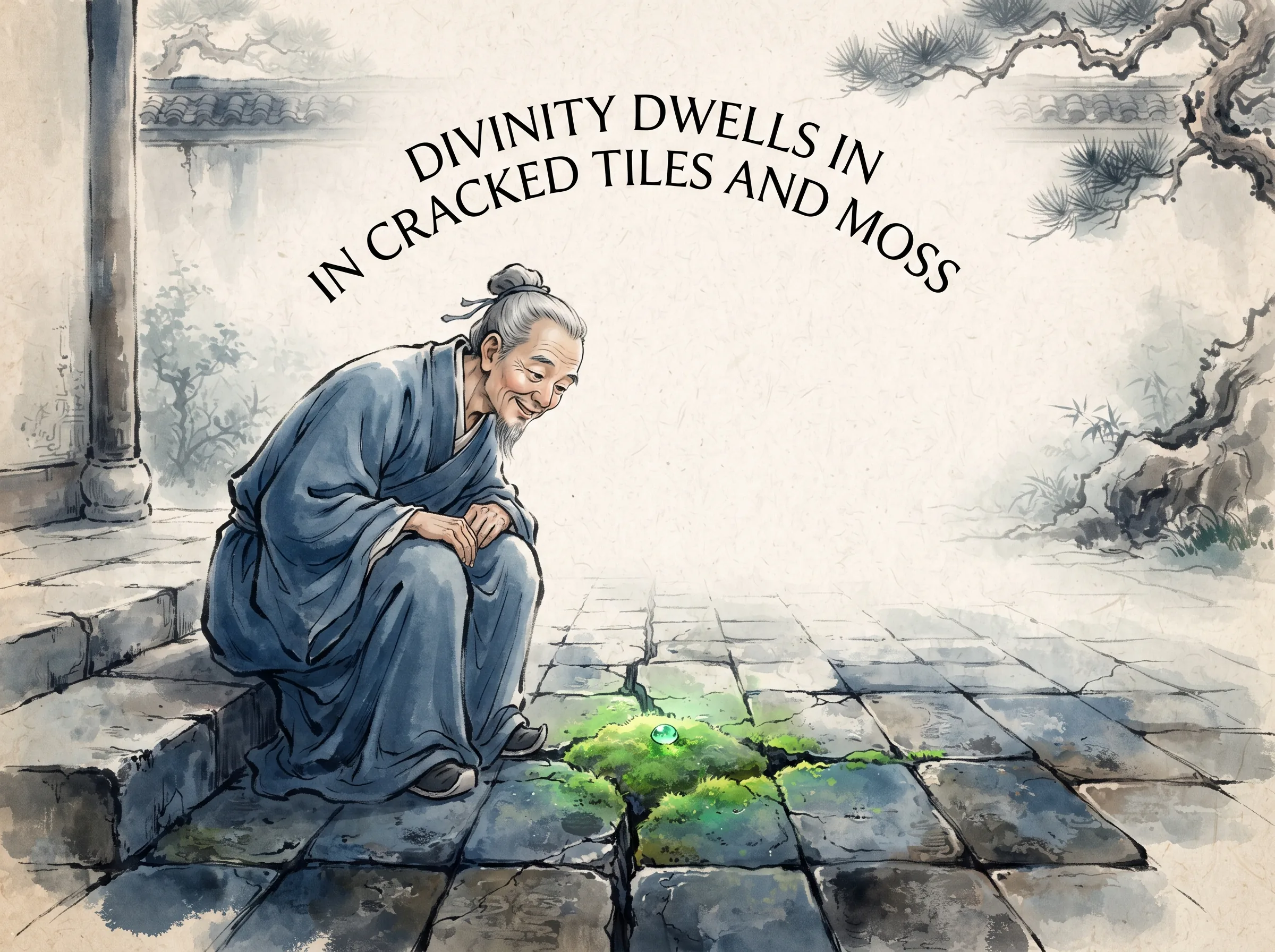 an inquisitive scholar crouching down gently to inspect a tiny patch of emerald moss and a shining dewdrop nestled between cracked antique courtyard tiles, smile full of wonder, deep Prussian blue ancient brickwork and scholar coat in contemporary literati Chinese ink wash in deep Prussian blue and sage green with ample Xuan paper negative space, illustrating divinity dwells in cracked tiles and moss, embodying 庄子'道在瓦甓、道在蝼蚁'：俯下身来，在破旧青砖石缝间观察一小撮顽强生长的碧绿青苔与露珠，发现最卑微之物里的宏大宇宙 on ChiDestiny