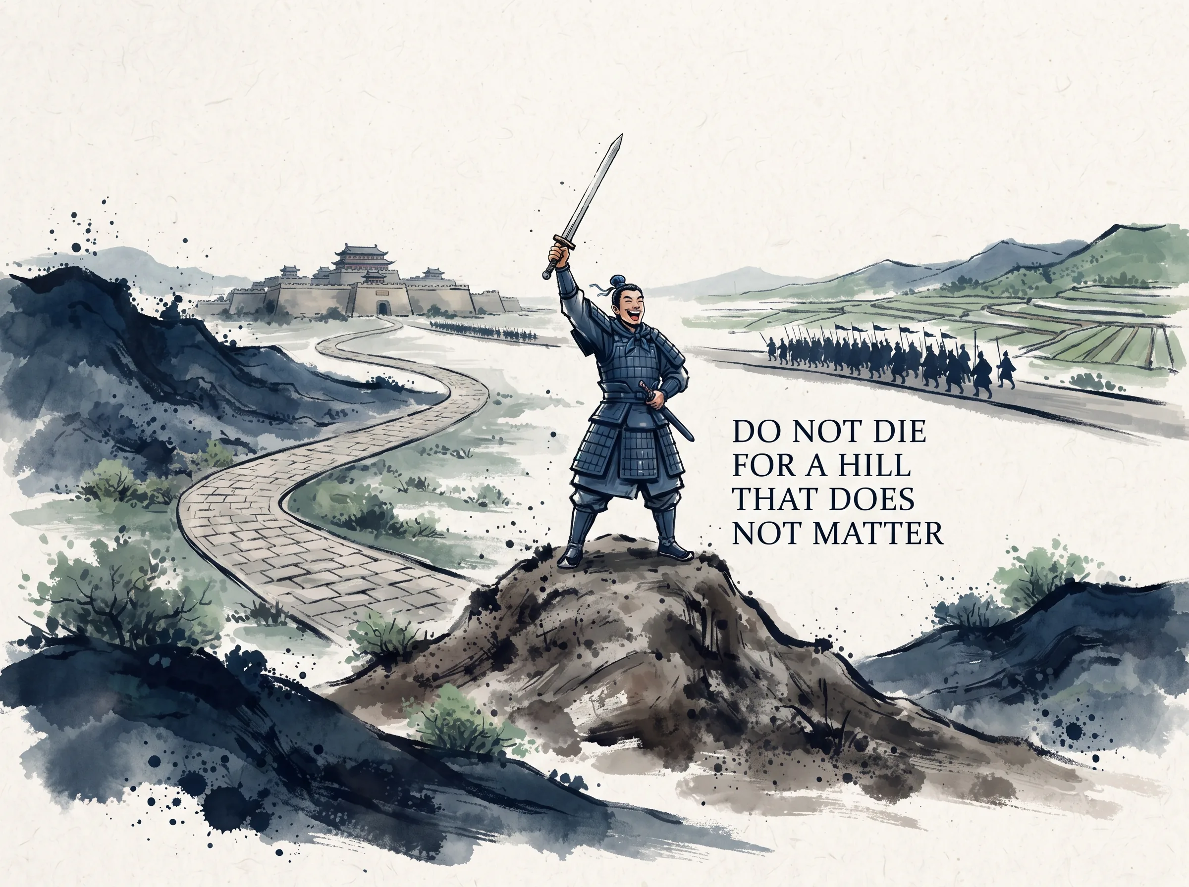 a warrior cheering atop a tiny muddy mound with his sword raised, oblivious that the main highway below and distant citadel are completely bypassed by the enemy, deep Prussian blue hill shadows and armor in contemporary literati Chinese ink cartoon style with Prussian blue ink wash, sage green accents, and Xuan paper negative space, illustrating do not die for a hill that does not matter, embodying 局部小胜的致命陷阱：武士在路边为了争夺一块无关紧要的小山头拼死搏杀沾沾自喜，却未察觉远方主城正在失守 on ChiDestiny