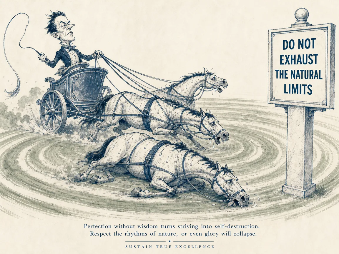 a perfectionist chariot driver driving his sweat-soaked horses in unnaturally rigid geometric circles until they collapse in fatigue, warning against pushing organic vitality beyond natural endurance for vain prestige, Prussian blue chariot carriage lines in contemporary literati Chinese ink cartoon style with Prussian blue ink wash, sage green accents, and Xuan paper negative space, illustrating do not exhaust the natural limits, embodying 东野稷御马求技艺极限，虽绳墨如一却不知马之已疲，庄子借此点出过分追求技巧功利必致竭蹶 on ChiDestiny