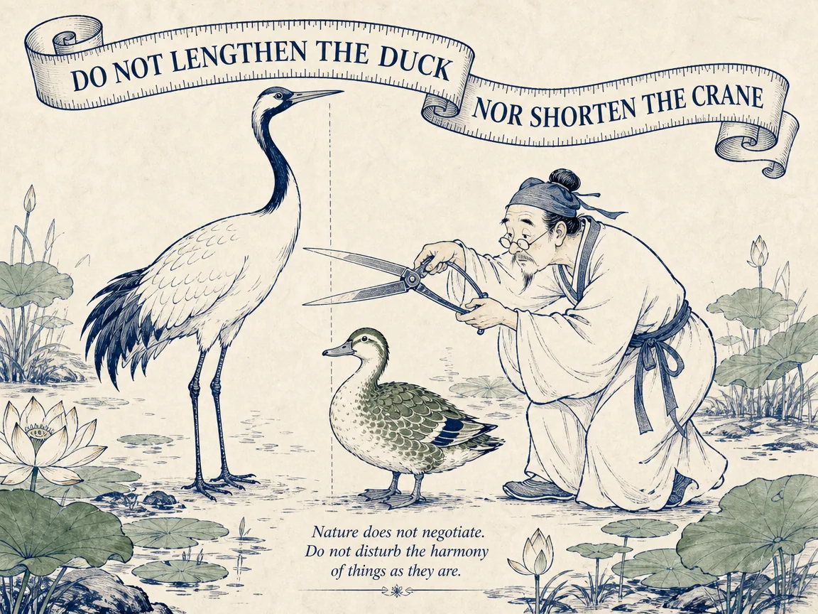 a tall graceful crane standing proudly beside a short stocky wild duck by a lotus pond, an artificial artisan holding measuring shears trying absurdly to equalize their natural leg lengths, deep Prussian blue linework in contemporary literati Chinese ink cartoon style with Prussian blue ink wash, sage green accents, and Xuan paper negative space, illustrating do not lengthen the duck nor shorten the crane, embodying 凫胫虽短续之则忧，鹤胫虽长断之则悲，画中仙鹤与水鸭立于池边，讽刺人为强加的仁义绳墨截长续短 on ChiDestiny