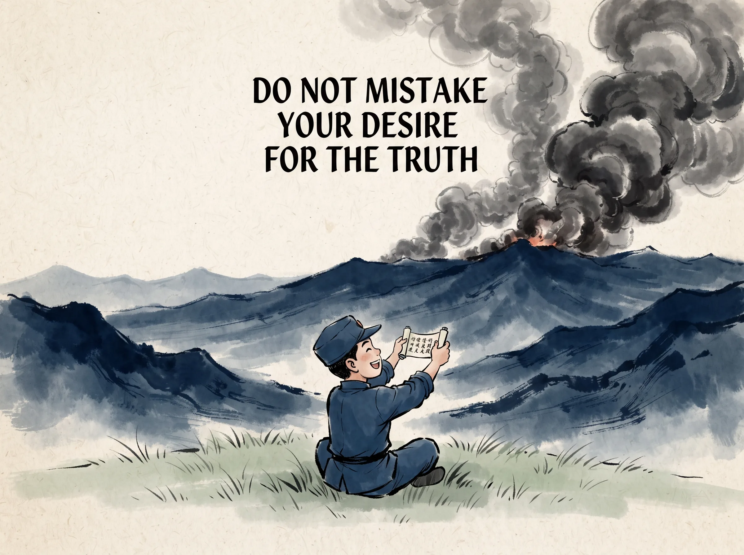 a stubborn scout holding a tiny scroll celebrating minor victory while completely ignoring giant rolling smoke plumes on the distant mountain crest, deep Prussian blue mountain ridges and scout uniform, faint sage green grass in contemporary literati Chinese ink cartoon style with Prussian blue ink wash, sage green accents, and Xuan paper negative space, illustrating do not mistake your desire for the truth, embodying 被片面信息蒙蔽双眼的心智牢笼：侦查员只看自己想看的信鸽传书，却对地平线上扬起的真正狼烟视而不见，陷入确认偏误 on ChiDestiny