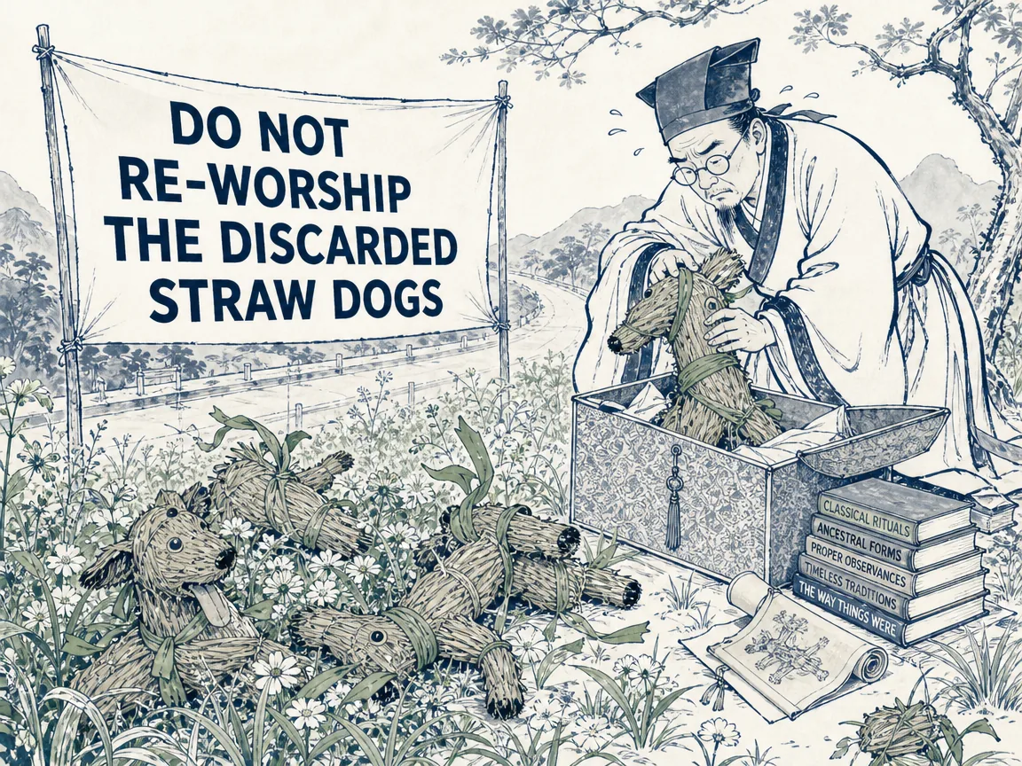 decorative ceremonial straw dogs crafted for a festival lying naturally discarded in wildflowers after use, while an overly traditional scholar tries clumsily to package them back into a silk box, showing the absurdity of clinging to obsolete rituals in contemporary literati Chinese ink cartoon style with Prussian blue ink wash, sage green accents, and Xuan paper negative space, illustrating do not re-worship the discarded straw dogs, embodying 祭祀中的刍狗用毕之后被弃于沟壑草丛，孔子周游列国执着于过时先王礼乐，正如将祭完的刍狗重新捡起膜拜般不合时宜 on ChiDestiny