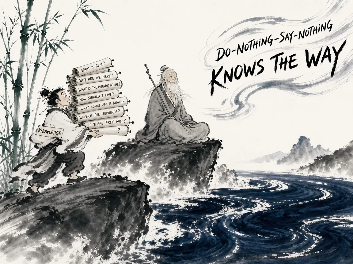 eager personified Knowledge carrying stacks of question scrolls questioning an unflappable hermit named Do-Nothing-Say-Nothing seated by dark swirling waters, who answers only with silence and a gentle knowing smile, deep Prussian blue waters and crags in contemporary literati Chinese ink cartoon style with Prussian blue ink wash, sage green accents, and Xuan paper negative space, illustrating do-nothing-say-nothing knows the way, embodying 知北游于玄水之上遇无为谓，问以何思何虑始知道；无为谓默然不答，大辩不言、大道无名 on ChiDestiny