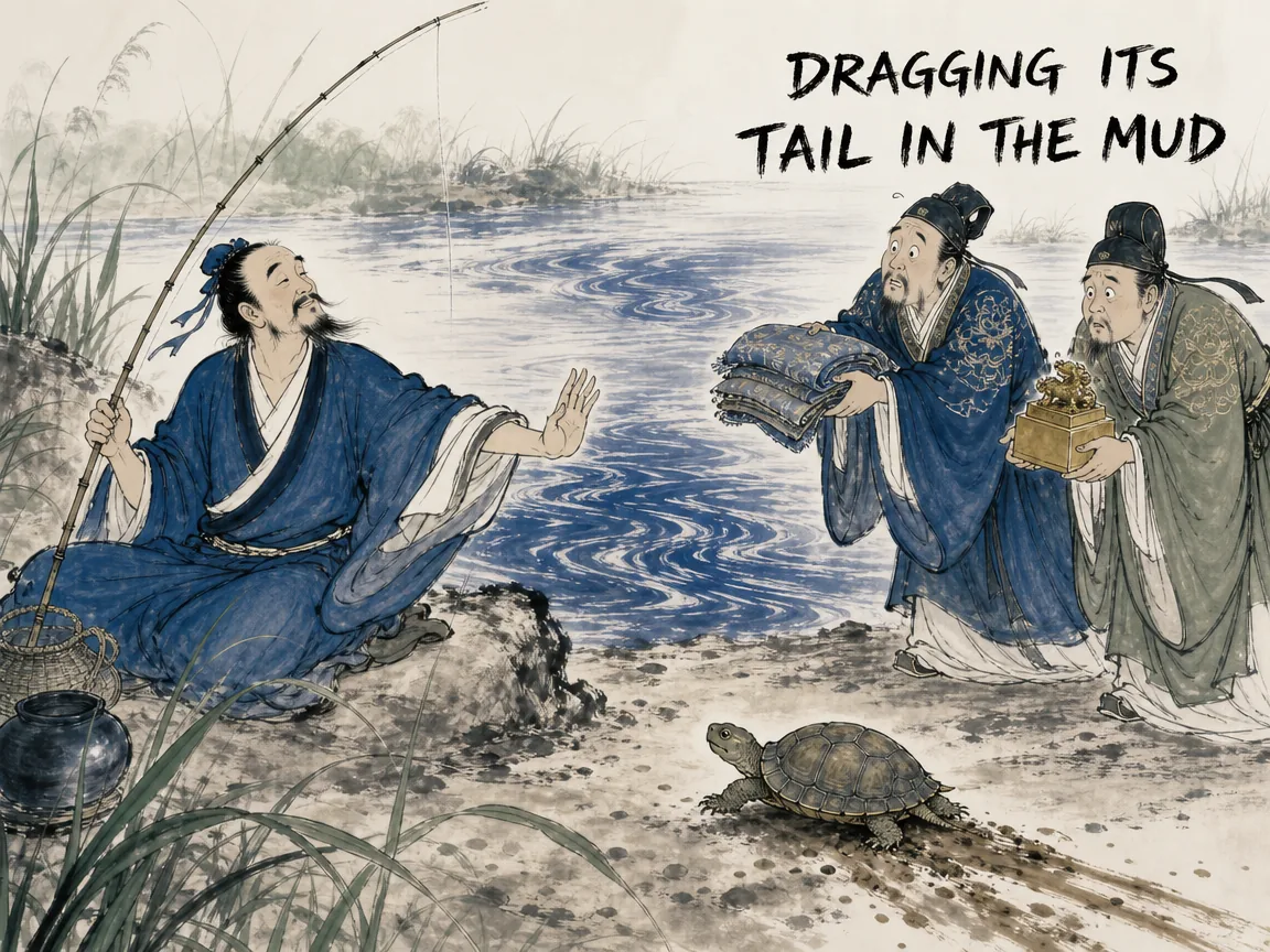 Zhuangzi holding a slender bamboo fishing rod by a tranquil river, waving away two pompous court messengers bearing silk and golden ministerial seals, pointing happily to a wild tortoise crawling freely through soft river mud in contemporary literati Chinese ink cartoon style with Prussian blue ink wash, sage green accents, and Xuan paper negative space, illustrating dragging its tail in the mud, embodying 庄子手持钓竿在濮水边怡然垂钓，面对楚王使者奉送的相位金印连头都不回，宁愿做一只在泥浆里自由摇尾巴的活龟 on ChiDestiny