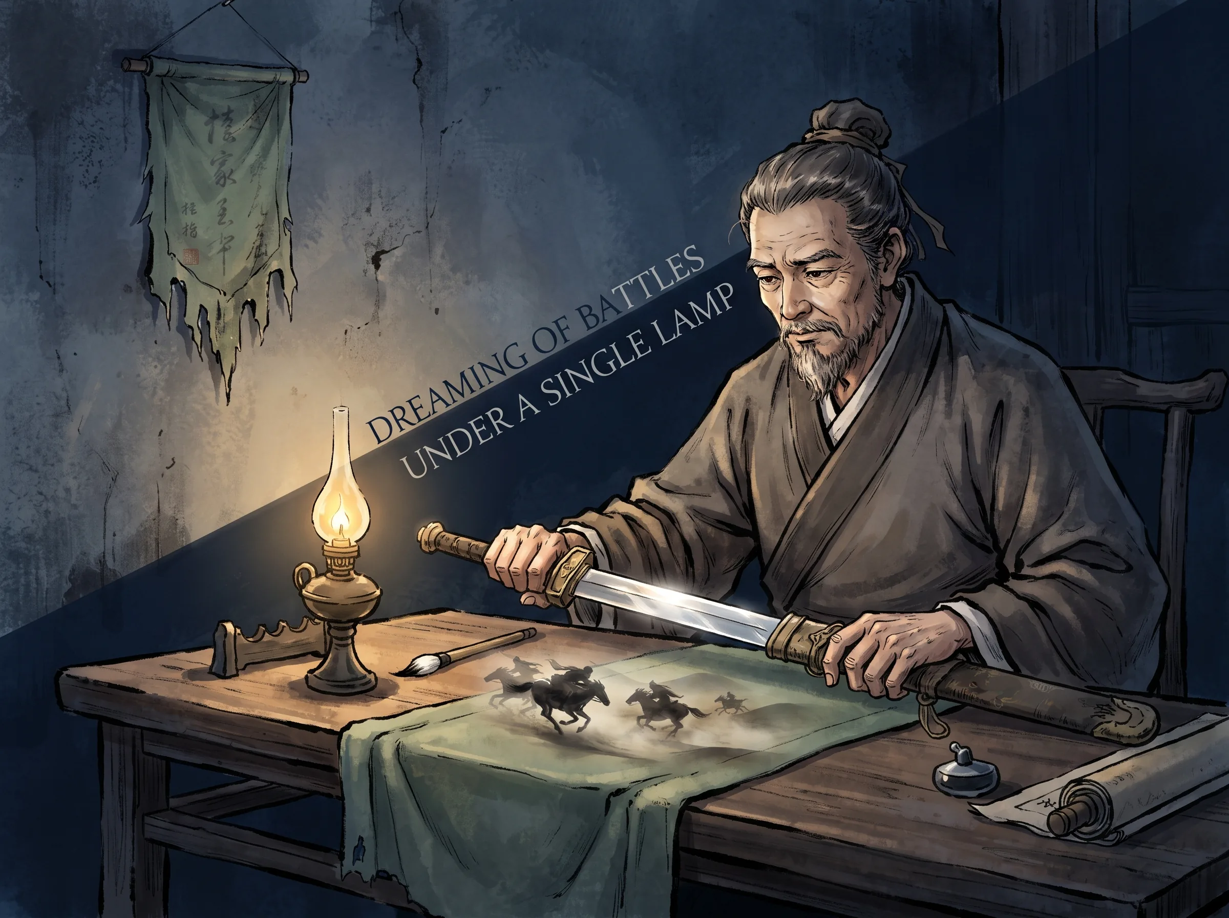 an aging warrior-poet in simple civilian robes leaning over a flickering desk oil lamp, gently unsheathing a gleaming ancient iron sword whose polished blade reflects shadowy cavalry galloping through desert mist, deep Prussian blue room shadows and sword steel in contemporary literati Chinese ink wash in deep Prussian blue and sage green with ample Xuan paper negative space, illustrating dreaming of battles under a single lamp, embodying 辛弃疾英雄无用武之地，夜深醉里挑灯看剑，梦回吹角连营，将满腔报国赤诚与壮志未酬熔铸为金戈铁马的宋词巅峰 on ChiDestiny