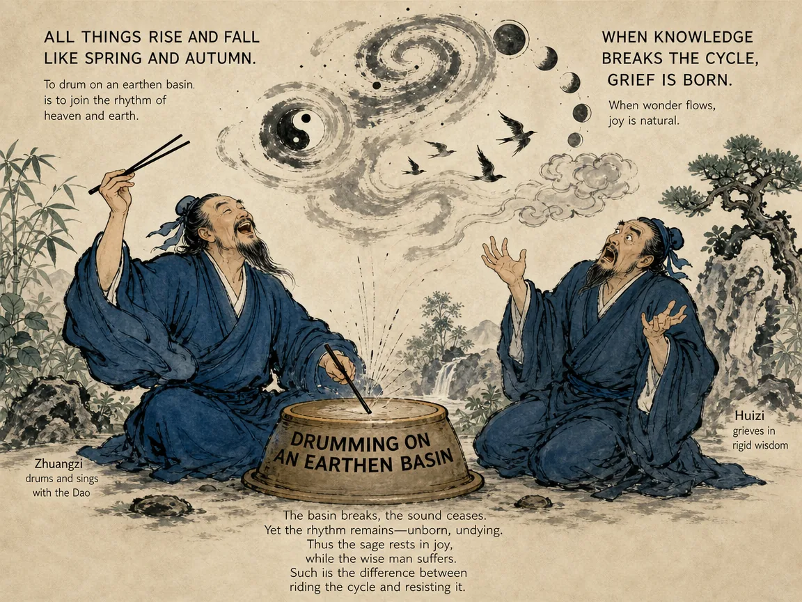 iconic philosophical scene, Zhuangzi sitting cross-legged on the floor cheerfully tapping an upside-down clay washbasin with chopsticks and singing into the heavens, while a shocked Huizi looks on with hands thrown up in grief in contemporary literati Chinese ink cartoon style with Prussian blue ink wash, sage green accents, and Xuan paper negative space, illustrating drumming on an earthen basin, embodying 妻死庄子箕踞鼓盆而歌：看透生命从无到有、从气变质、复归造化的大化流转，以达观歌声送别生死 on ChiDestiny
