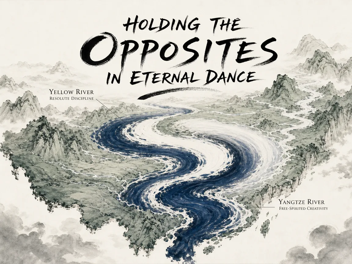 Northern Yellow River of resolute discipline and southern Yangtze of free-spirited creativity spiraling harmoniously into a balanced unified yin-yang flow across the subcontinent in Prussian blue dynamic water ribbons, radiant sage green mountain banks, and expansive Xuan paper, illustrating holding the opposites in eternal dance, illustrating the complementary balance between collective duty and individual freedom on ChiDestiny