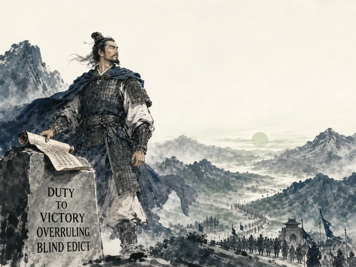 a noble commander standing at the mountain frontier gently setting aside a distant court royal decree scroll, gazing out with resolute vision and moral courage to protect his troops and achieve genuine peace, rich Prussian blue mountain shadows in contemporary literati Chinese ink cartoon style with Prussian blue ink wash, sage green accents, and Xuan paper negative space, illustrating duty to victory overruling blind edict, embodying 统帅伫立前线崖顶回望王廷金令，目光坚毅凝视战场大局，将百姓安危置于个人荣辱之上，展现大将担当与独立判断 on ChiDestiny