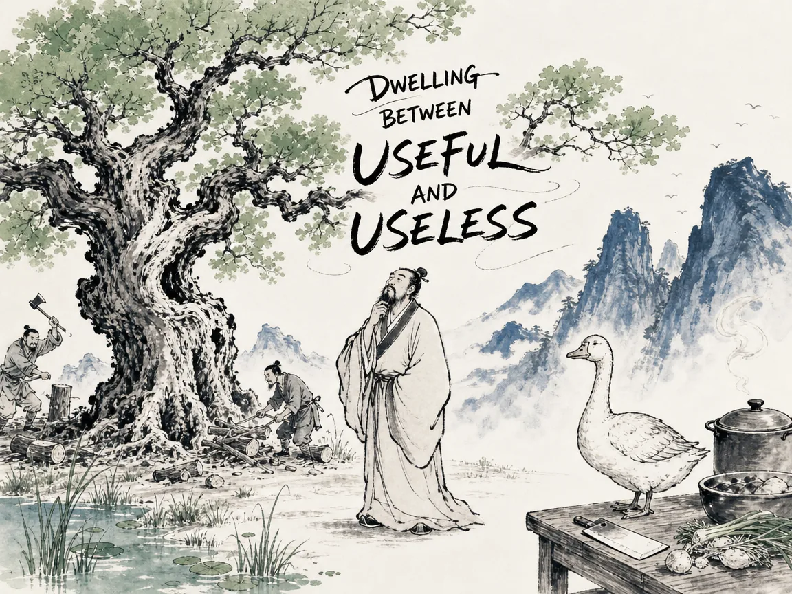 a philosopher standing between a sprawling useless ancient forest tree left flourishing by woodcutters, and a domesticated non-honking goose about to be cooked for dinner, pondering the delicate art of dwelling between utility and uselessness in contemporary literati Chinese ink cartoon style with Prussian blue ink wash, sage green accents, and Xuan paper negative space, illustrating dwelling between useful and useless, embodying 庄子山行见大树以不材得终天年；至故人家主人杀不鸣之雁烹之，弟子困惑问先生当何处，庄子笑答当处材与不材之间 on ChiDestiny