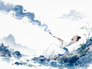 Unconstrained poet reclining comfortably beside a clear mountain stream watching drifting clouds with brush suspended in hand in contemporary literati Chinese ink wash in Prussian blue and sage green with ample white negative space, illustrating spontaneous creative flow and the Daoist principle that art emerges naturally through inner alignment on ChiDestiny
