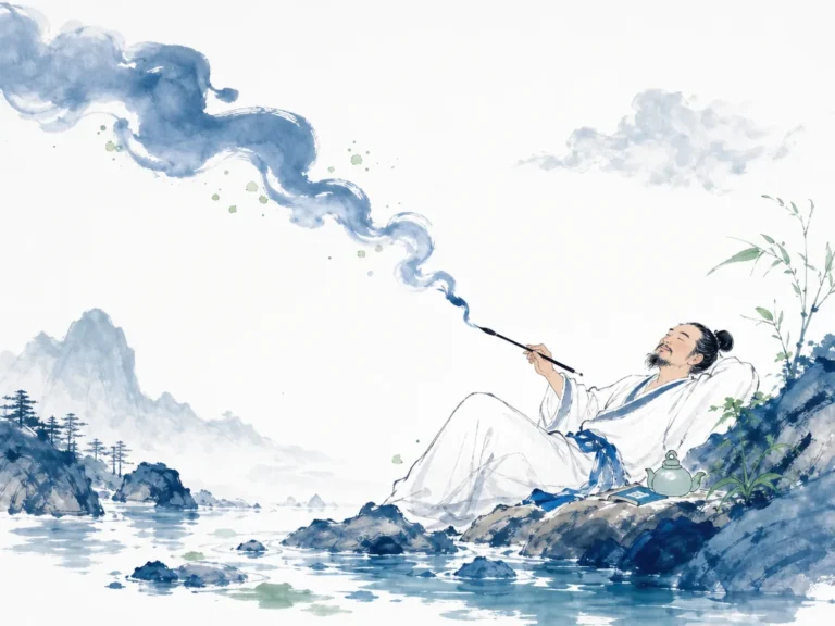 Unconstrained poet reclining comfortably beside a clear mountain stream watching drifting clouds with brush suspended in hand in contemporary literati Chinese ink wash in Prussian blue and sage green with ample white negative space, illustrating spontaneous creative flow and the Daoist principle that art emerges naturally through inner alignment on ChiDestiny